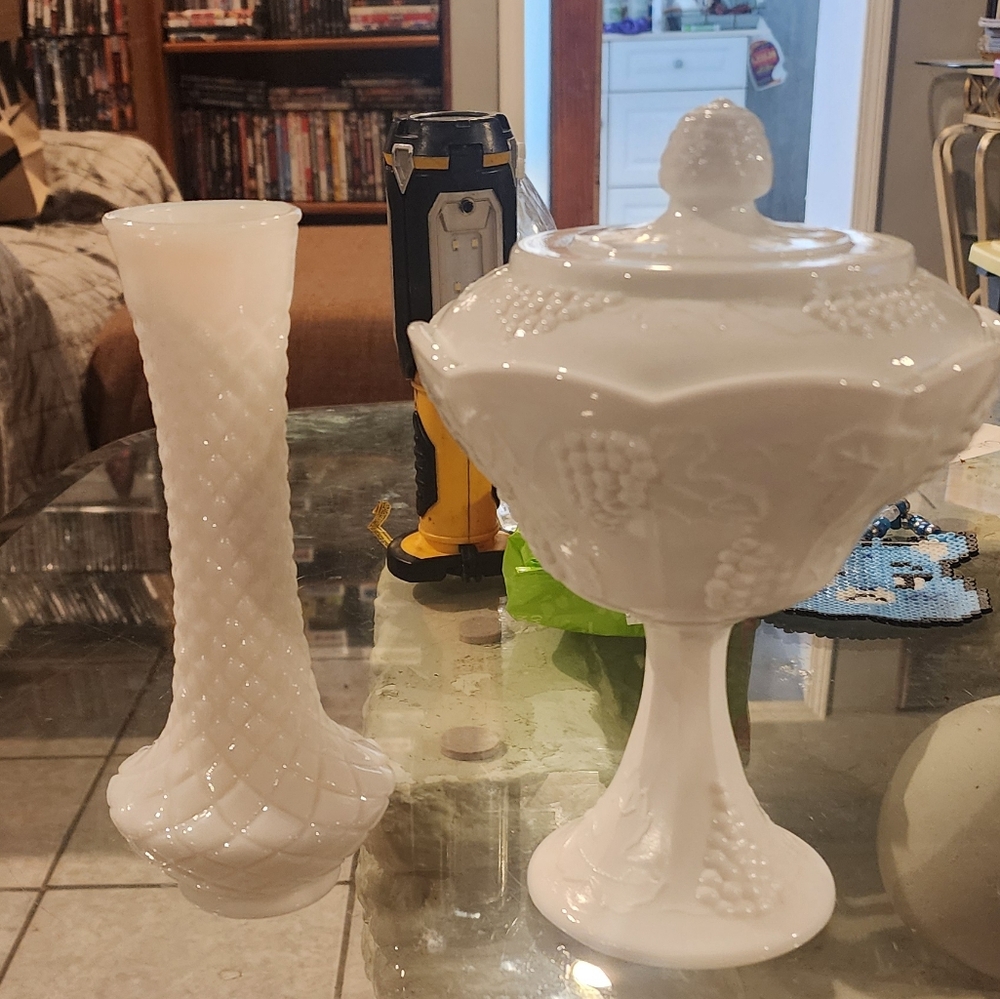 Elegant White Glass Vase and Lidded Dish Set